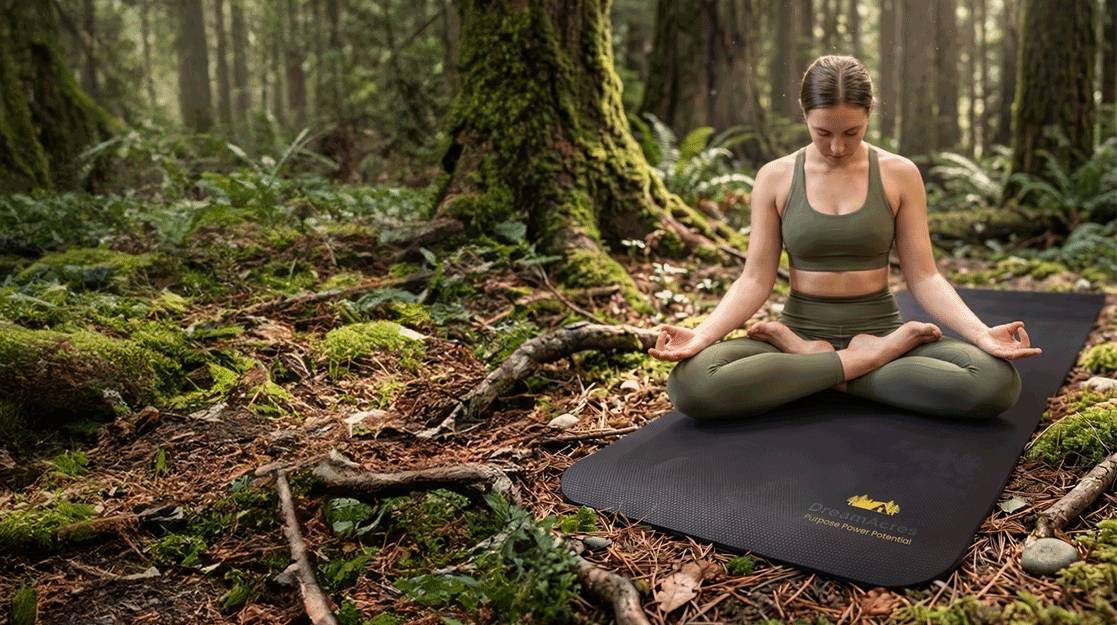Woman meditating on grounding mat in forest